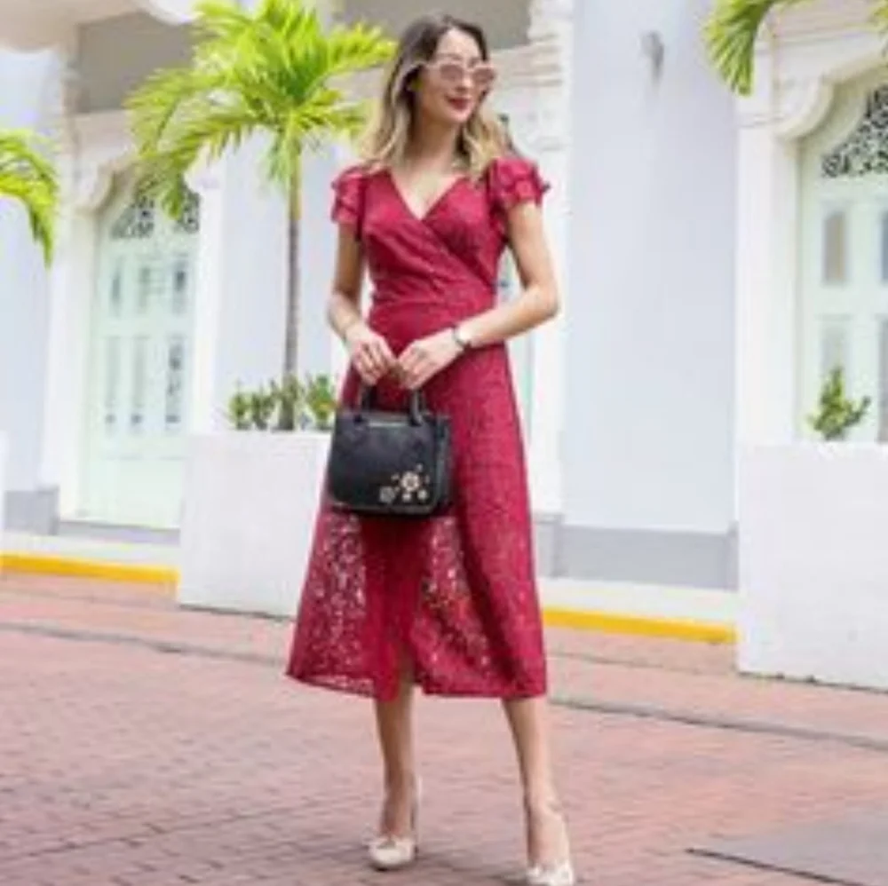 Ali & Jay | Laces & Paper Flowers Ruffled Short Sleeve Midi Wrap Dress XSMALL